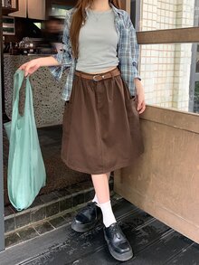 DAZY Solid Pocket Side Denim Skirt - Coffee Brown - View 3