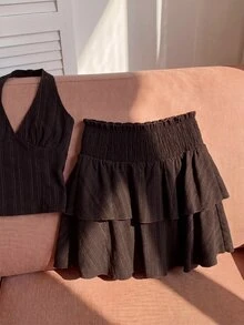 Comfortcana Plus Solid Elastic Waist Ruffle Hem Skirt Fall - Brown - View 8