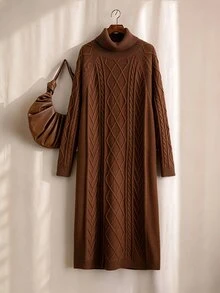 GlowEve CURVE Plus Turtleneck Cable Knit Sweater Dress - Coffee Brown - View 1
