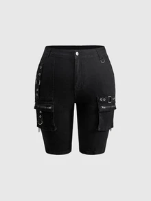 ROMWE Grunge Punk Plus Size Denim Shorts - Hitam - View 1