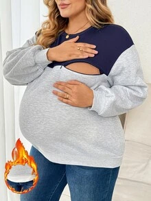 Plussiva Plus-Size Maternity Autumn Nursing Top – Color-Block, Drop-Shoulder, Zip-Front Sweatshirt (Fleece-Lined & Warm) – Casual Everyday Wear  Fall/Winter - Black - View 1