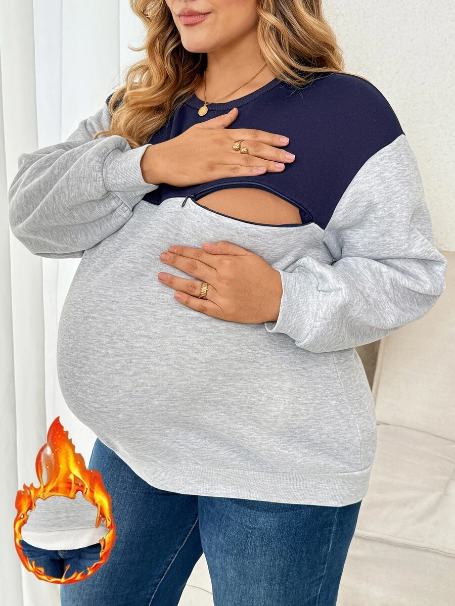 Plussiva Plus-Size Maternity Autumn Nursing Top – Color-Block, Drop-Shoulder, Zip-Front Sweatshirt (Fleece-Lined & Warm) – Casual Everyday Wear Fall/Winter - Black - View 1