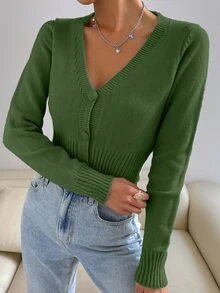 SHEIN Unity Cardigan corto ligero con botones delanteros de unicolor - Verde - Ver 4