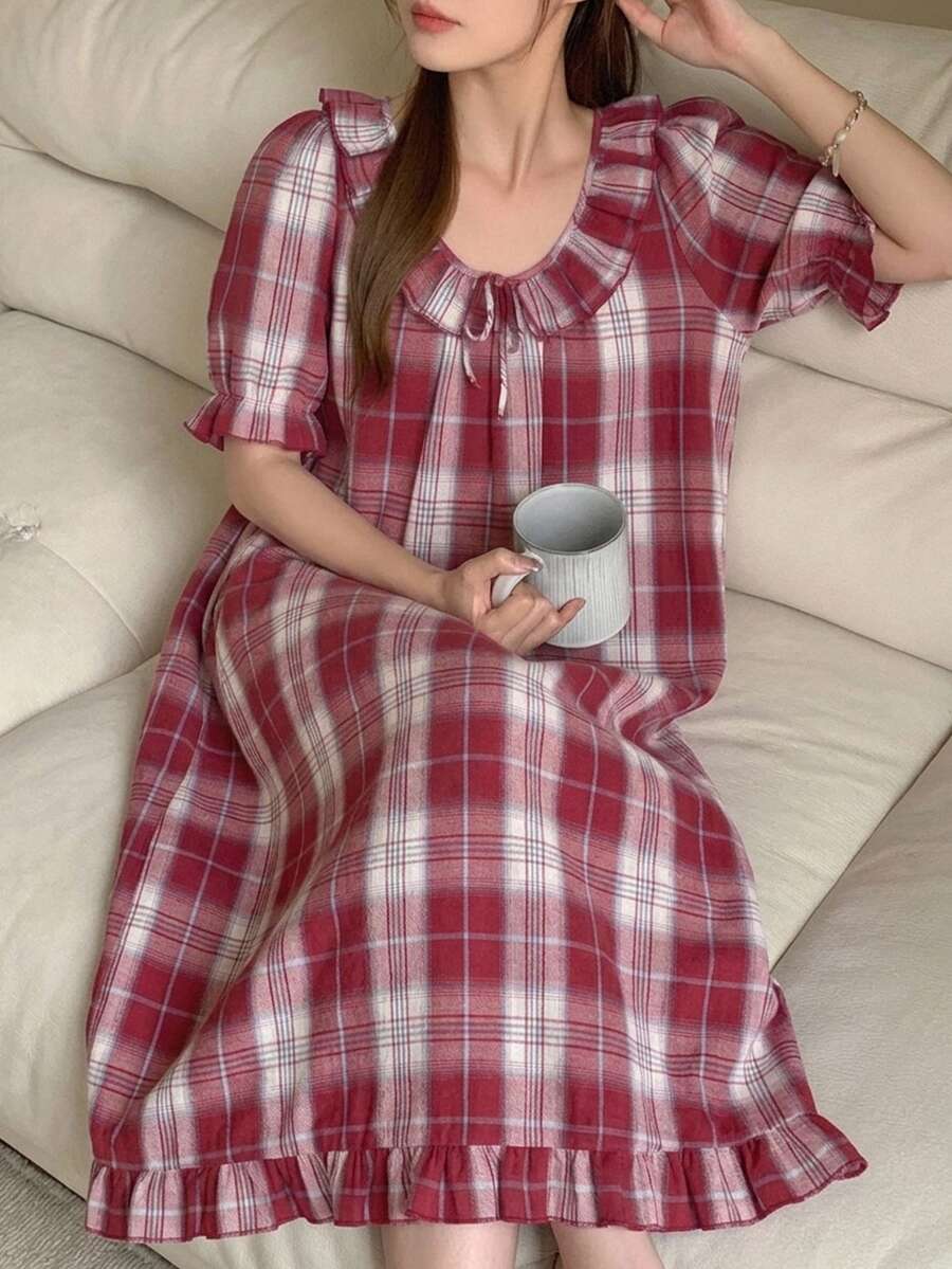 DAZY Plaid Ruffle Trim Tie Front Puff Sleeve Sleep Dress - Red - View 1