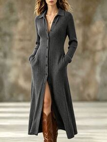Linhara CURVE Plus Button Front Slant Pocket Dress Fall - Dark Grey - View 3