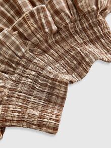 ROMWE Kawaii Plaid Print Shirred Waist Layered Ruffle Trim Skirt - Khaki - View 3
