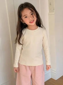 DAZY Young Girl Solid Round Neck Thermal Line Tee - Beige - View 7