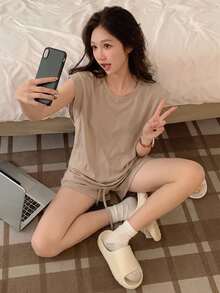 DAZY 純色蝙蝠袖居家休閒套裝 - 卡其色 - 查看 3