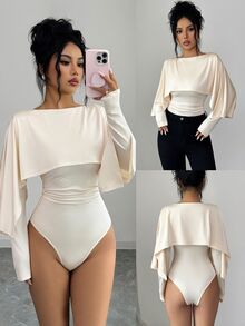 Elenzga 1pc Solid Ruched Waist Cape Bodysuit - Apricot - View 1