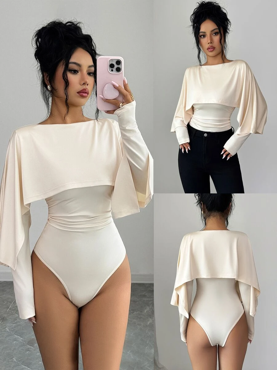 Elenzga 1pc Solid Ruched Waist Cape Bodysuit - Apricot - View 1