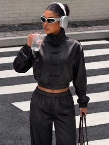 Muchica 女款黑色柔軟緞面青蛙鈕扣夾克寬腿褲套裝，秋季優雅街頭風休閒運動 Y2K 度假派對外出夜生活穿搭 - 黑色 - 查看 6