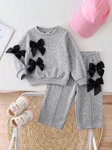SHEIN Baby Girl Bow Front Sweatshirt & Seam Front Sweatpants Set - Grey - View 6