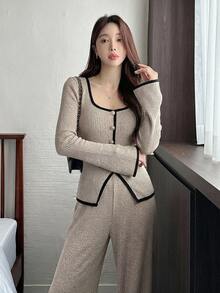 DAZY 女款對比包邊鈕扣前開襟T恤與寬腿長褲居家休閒套裝 - 卡其色 - 查看 3