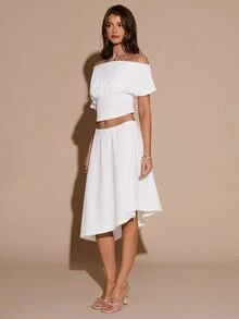 SHEIN BAE Atasan Crop Tanpa Bahu & Rok dengan Hem Asimetris - Putih - View 6