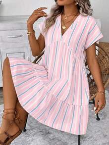 SHEIN LUNE Vestido holgado con estampado de rayas y bajo con volantes - Multicolor - Ver 3