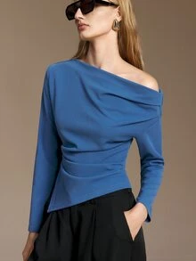 Ontre Asymmetrical Neck Ruched Waist Tee Office Steel Blue Autumn Elegant - Blue - View 6