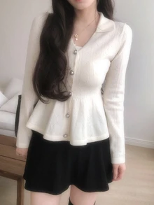 DAZY Solid Button Through Peplum Cardigan Fall Long Sleeve Tops - White - View 9