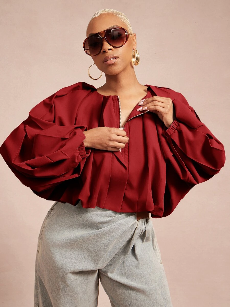 Vixey Solid Fold Pleated Lantern Sleeve Jacket - Red - View 1
