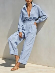SHEIN Women Two-Piece Outfits - Blue and White - View 4