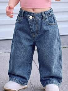 Baby Girl Overlap Waist Slant Pocket Wide Leg Jeans - Medium Wash - View 1