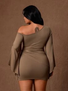 Rustia Plus Grommet Asymmetrical Neck Split Sleeve Top Bodycon Skirt Set Club Party Khaki Summer Sexy - Brown - View 3