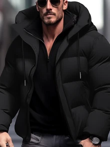 Manfinity Homme Men Zip Up Drawstring Hooded Padded Coat, Puffer - Black - View 1