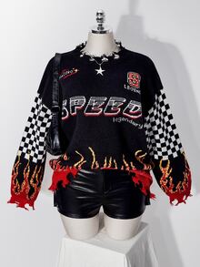 SHEIN ICON Plus Checker & Letter Pattern Drop Shoulder Distressed Sweater - Multicolor - View 1