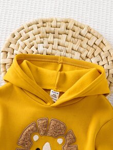 SHEIN 男嬰卡通獅子刺繡保暖內裡連帽衛衣 - 黃色 - 查看 3