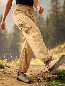 SHEIN Sports Celana Outdoor dengan Kantong Lipat dan Tali Serut di Pinggang - Khaki - View 4