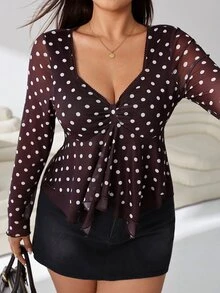 Solflare Plus Polka Dot Print Ruched Front Peplum Tee Fall - Multicolor - View 8