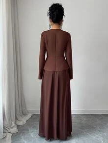 Elenzga Gaun Panjang Polos dengan Kelim Asimetris - Coklat - View 2