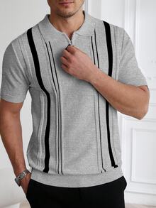 Core Aspect Men Striped Pattern Quarter Zip Knit Top - Grey - View 3