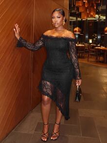 Veslaya Plus Off Shoulder Asymmetrical Hem Lace Dress Fall - Black - View 2