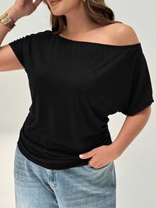 Shapeblank Plus Solid Batwing Sleeve Tee - Black - View 5