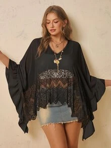 Freevana Plus Contrast Lace Batwing Sleeve Mesh Top Without Bra Fall - Black - View 7