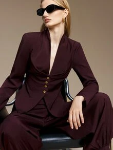 Ontre Solid Button Front Ruched Waist Blazer Tapered Pants Suit Set Office Dinner Corporate Burgundy Fall Elegant - Purple - View 3