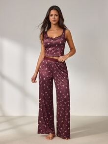 Lowkey Lull Heart Print Lettuce Trim PJ Set Sleep Home Dark Purple Summer Cute Kawaii - Brown - View 6