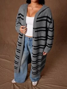 Rustia Plus Striped Pattern Drop Shoulder Hooded Duster Cardigan Winter - Multicolor - View 1