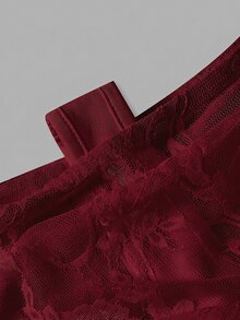 SHEIN MOD 不對稱領口喇叭袖透視蕾絲短版 2 合 1 上衣 - 酒紅色 - 查看 6