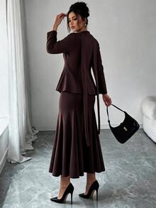 Elenzga Plus Choker Neck Single Button Top & Mermaid Hem Skirt Set - Brown - View 2