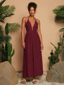 Travachic Tie Backless Split Thigh Halter Dress - Redwood - View 5