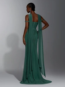 Elitara Twist Front Mesh Formal Dress With Cape - Green - View 3