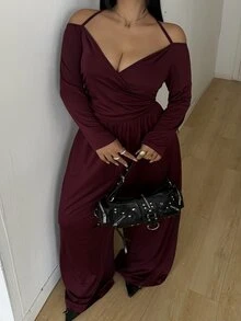 POPSWAY Plus Solid Halter Neck Wide Leg Jumpsuit Fall - Burgundy - View 3