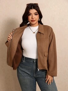 Elaquor Plus Size Suede Flap Pocket Zip Up Jacket Fall - Brown - View 9