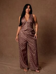 Rustia Chaleco con estampado integral & Pantalones de pierna ancha talla grande - Multicolor - Ver 5