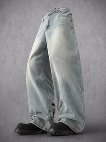 Manfinity Denimwave 大碼字母圖案水洗寬腿牛仔褲（無腰帶） - 藍色 - 查看 4