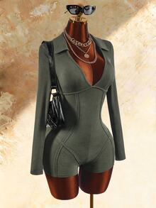 Amplova Solid Rib-Knit Deep V-Collar Unitard Romper - Army Green - View 4