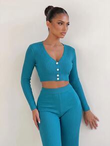 Sirith Ribbed Knit Button Front Cardigan & Knit Pants - Blue - View 7