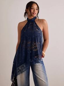 Freevana Plus Asymmetrical Hem Lace Halter Top Going Out Party Navy Blue Summer Elegant Sexy - Navy Blue - View 5