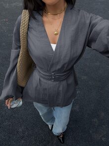 Siren Gaze Solid Drop Shoulder Lantern Sleeve Button Front Blouse - Navy Blue - View 3
